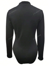 Women's Solid Stand Collar Hollow-Out Long Sleeve Bodysuit With Fleece Lining, Spring & Autumn